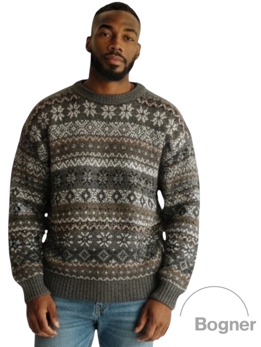 BOGNER Vintage Charcoal Tan Striped Fair Isle Geometric Ski Jumper Sweater L/XL